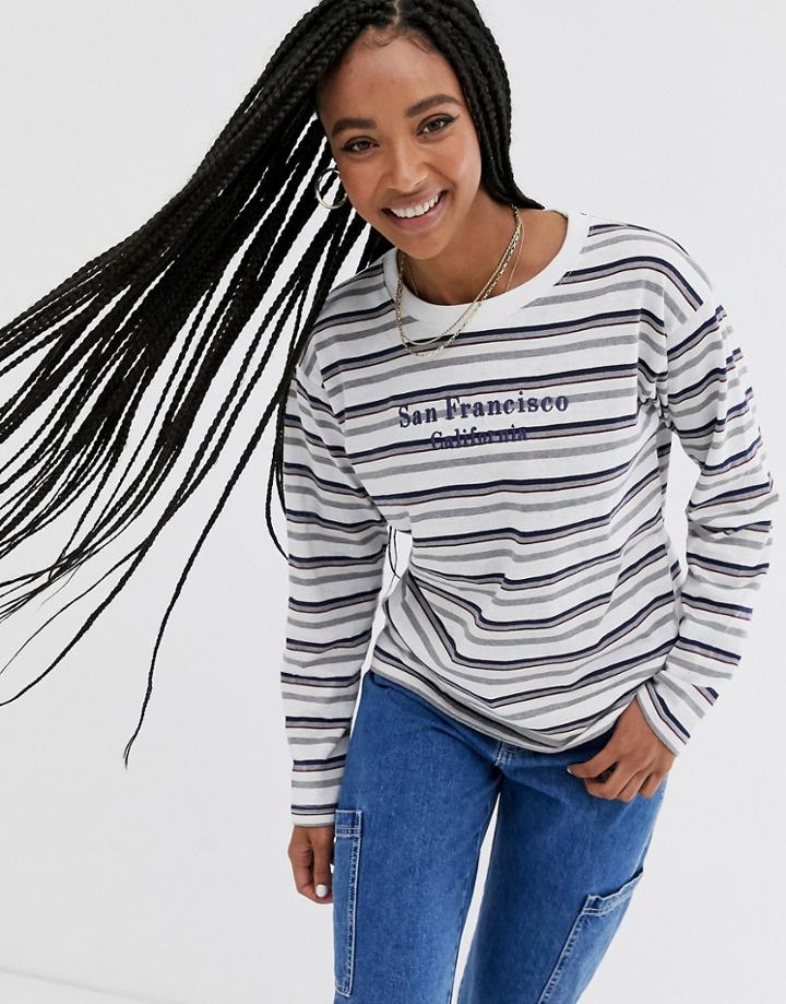 Daisy Street Long Sleeve T-shirt In Retro Stripe With San Francisco Embroidery-multi
