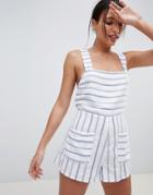 Asos Design Pocket Front Stripe Cotton Romper - White