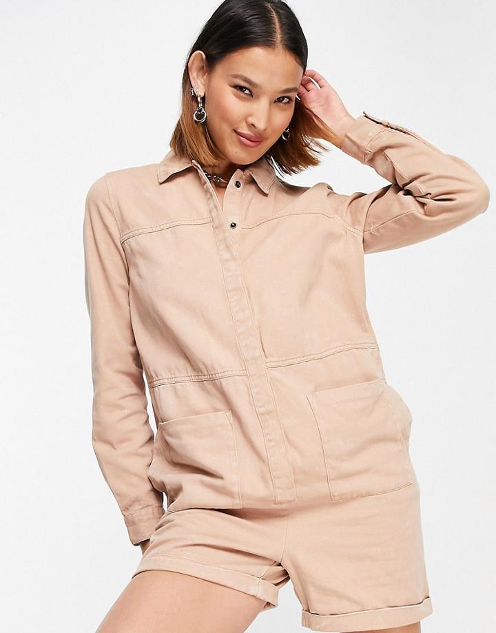 Noisy May Denim Romper In Sand-neutral