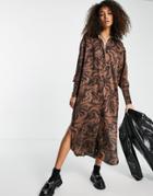 Topshop Animal Oversized Satin Midi Shirtdress In Brown