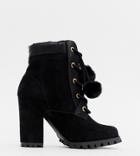 River Island Heeled Hiker Boots With Pom Lace Up In Black - Black