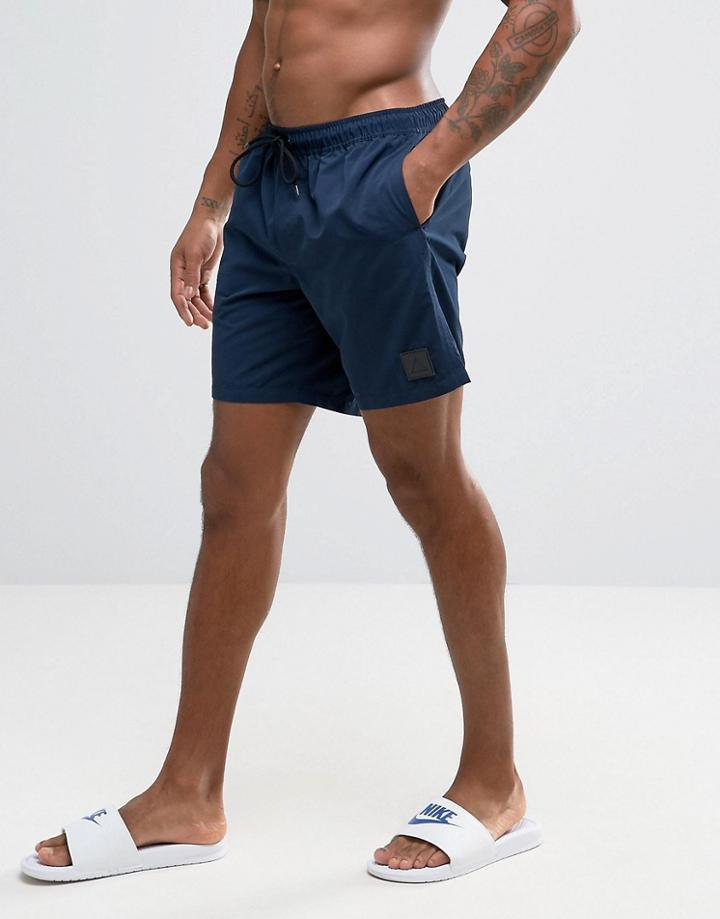 Asos Swim Shorts In Navy With Rubber Triangle Patch In Mid Length - Na