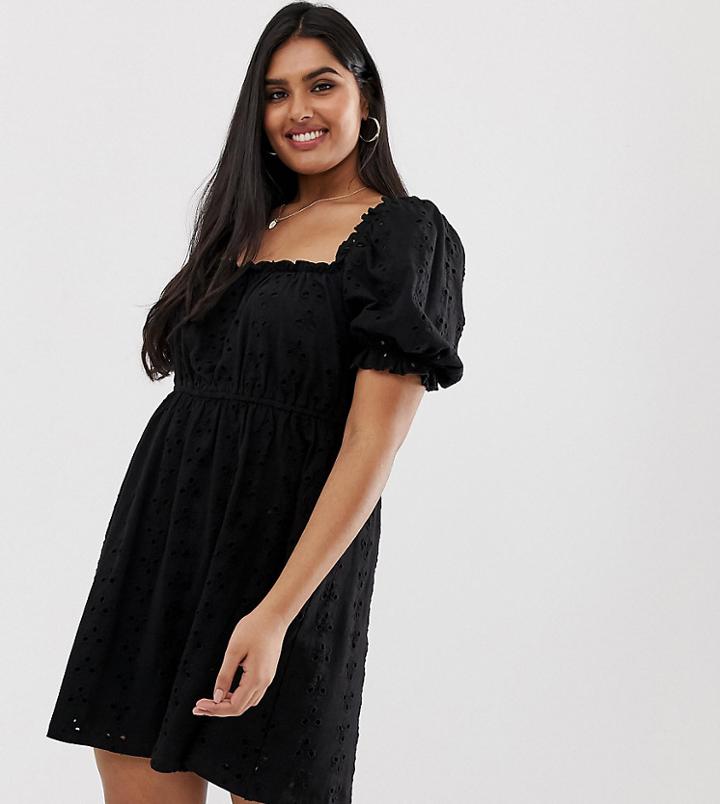 Asos Design Curve Prairie Broderie Mini Dress-black