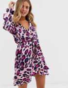 Qed London Ruffle Wrap Mini Dress In Leopard Print-pink