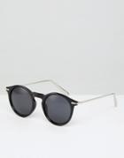 Asos Round Sunglasses With Metal Arms In Shiny Black - Black