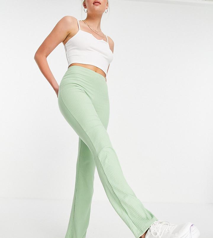 Asos Design Tall Rib Kick Flare Pants In Sage-green