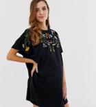 Asos Design Maternity Embroidered Oversized T-shirt Dress - Black