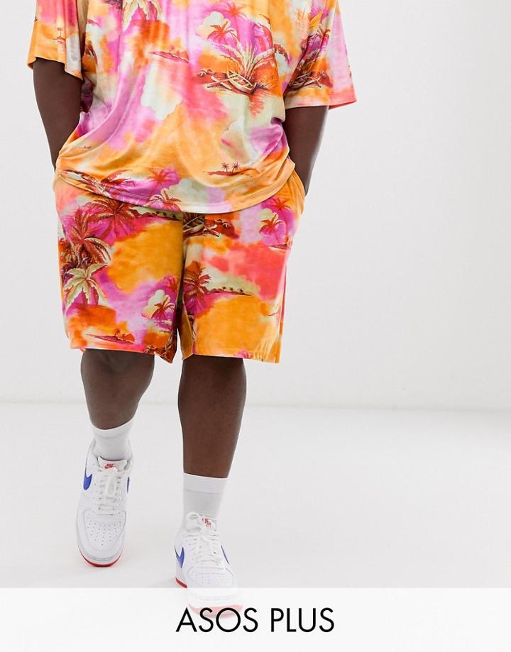 Asos Design Plus Two-piece Jersey Shorts Velour Floral Print-multi