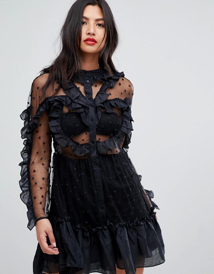 Stevie May The Soft Shadow Sheer Ruffle Mini Dress - Black