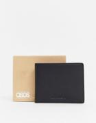 Asos Design Leather Wallet With Contrast Burgundy Internal And Emboss-black