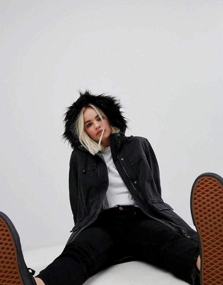 Asos Denim Parka With Fleece Lining In Washed Black - Black