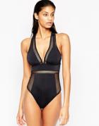 Asos Fuller Bust Exclusive Fishnet Insert Plunge Swimsuit Dd-g - Black