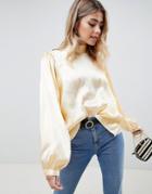 Asos Design Satin Blouse With High Neck And Open Back - Cream