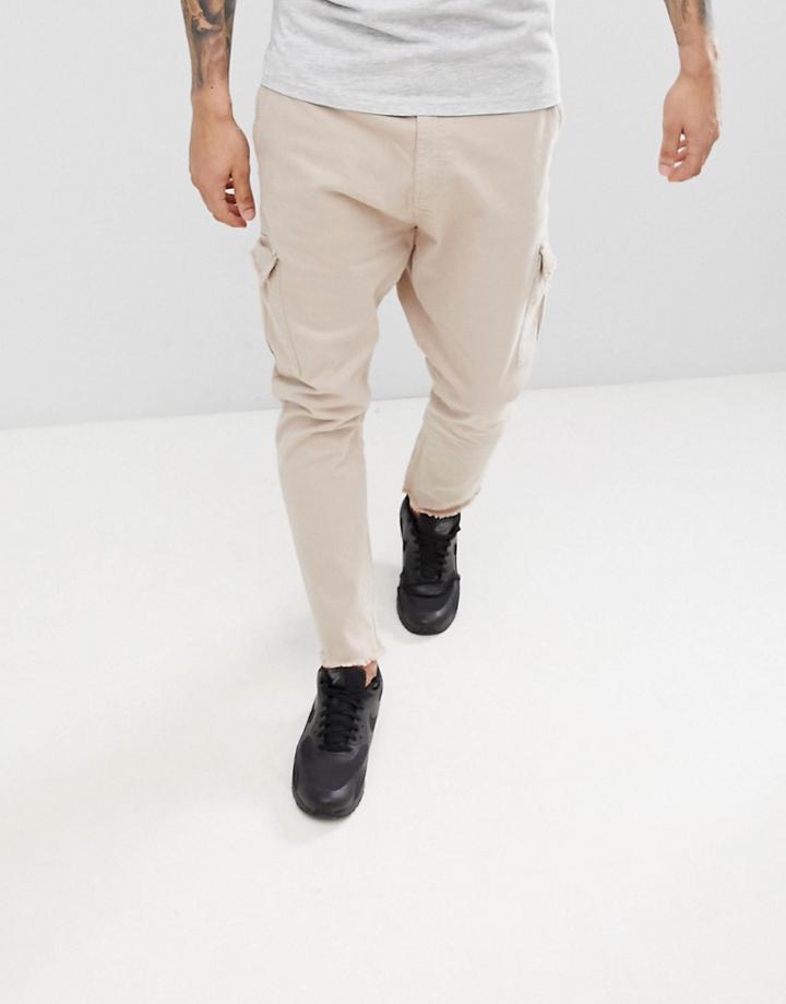 Bershka Frayed Hem Cargo Pants In Beige - Beige