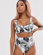 Asos Design Fuller Bust Exclusive Underwired Longline Bikini Top In Mono Palm Print Dd-g - Mgreen