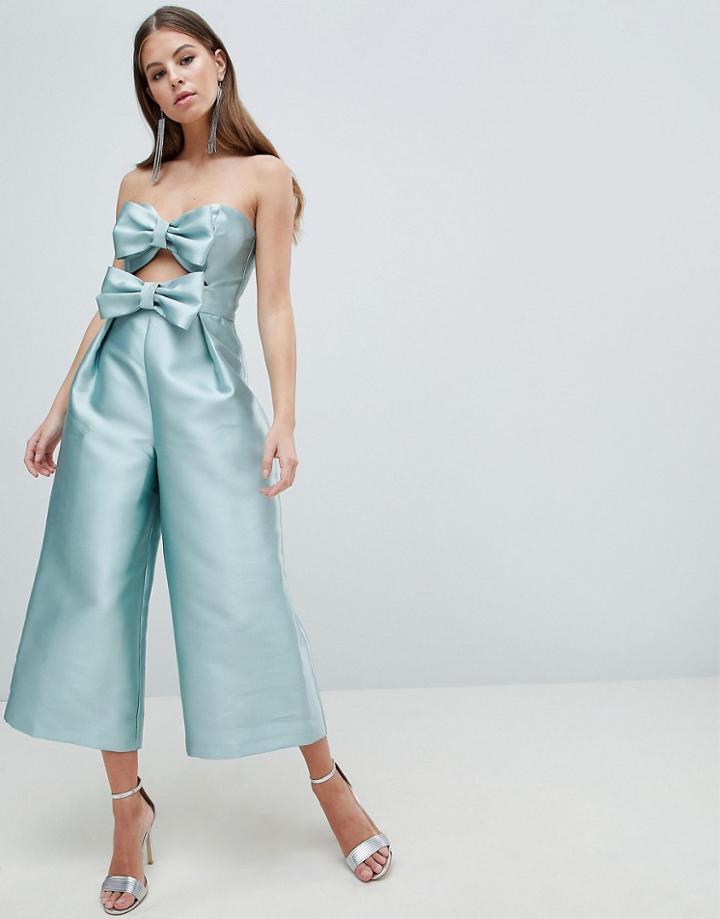 Asos Design Bow Jumpsuit In Structured Fabric - Blue