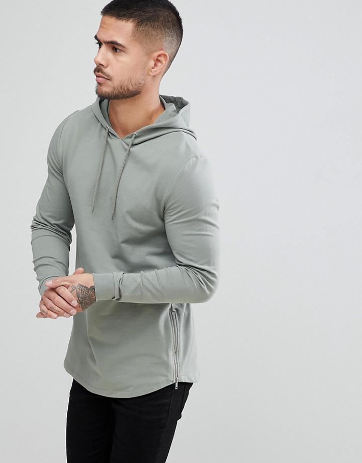 Asos Muscle Longline Hoodie With Side Zips & Curved Hem In Green - Green