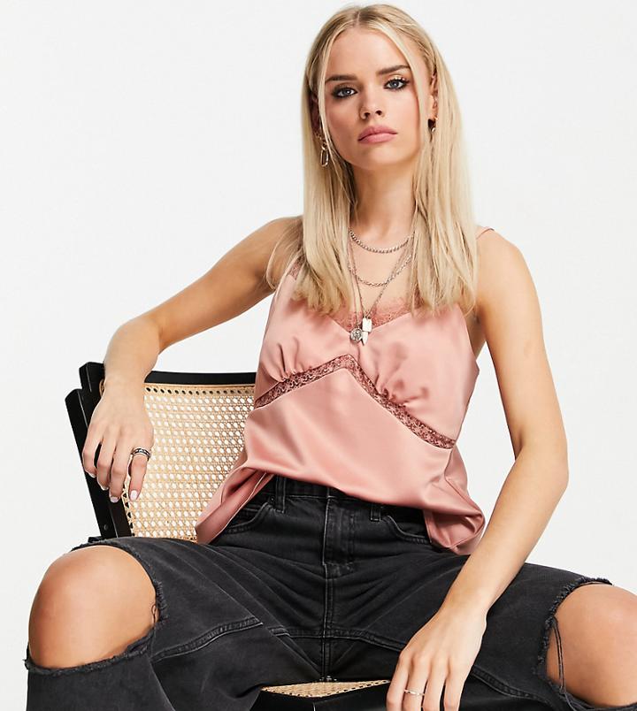 Topshop Petite Lace Trim Satin Cami In Rust Pink