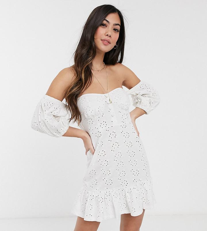 Asos Design Petite Broderie Off The Shoulder Cupped Mini Dress With Tiered Hem In White