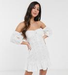Asos Design Petite Broderie Off The Shoulder Cupped Mini Dress With Tiered Hem In White