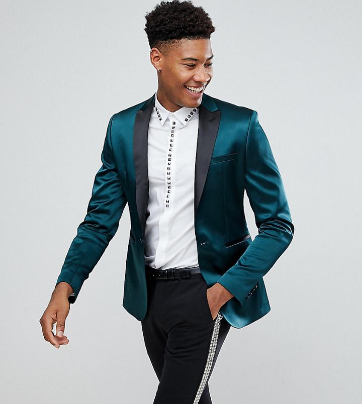 Asos Tall Super Skinny Tuxedo Blazer In Dark Green Sateen - Green