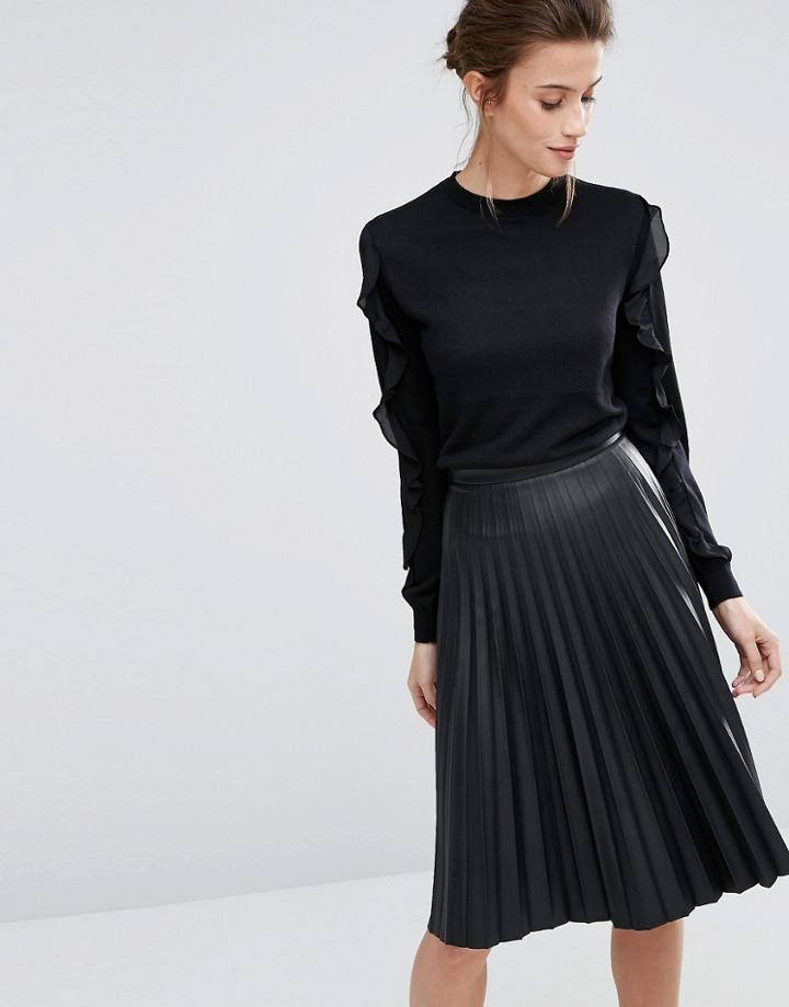 Warehouse Long Sleeve Sweater With Frill Sleeves - Black