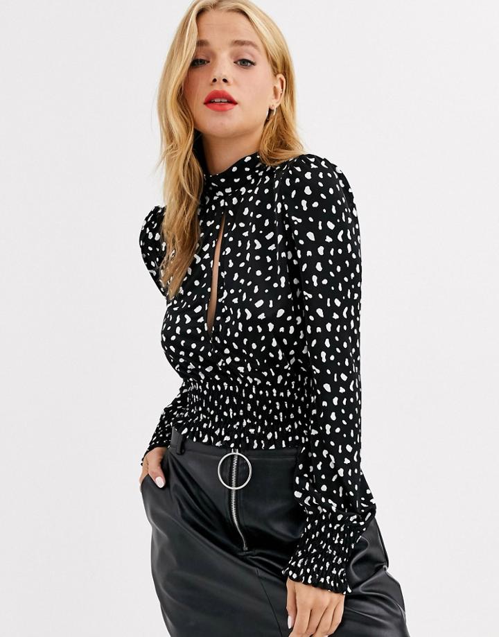 Asos Design Keyhole Top In Slinky With Shirred Cuff And Tie Back In Polka Dot-multi