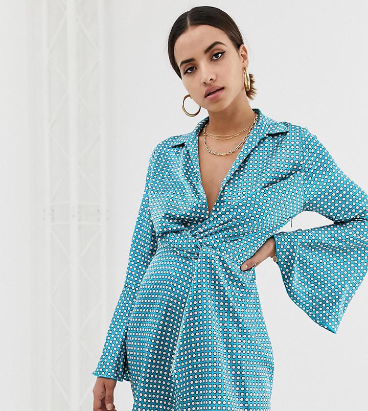 Missguided Satin Dress With Twist Front In Blue Polka Dot - Multi