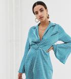 Missguided Satin Dress With Twist Front In Blue Polka Dot - Multi