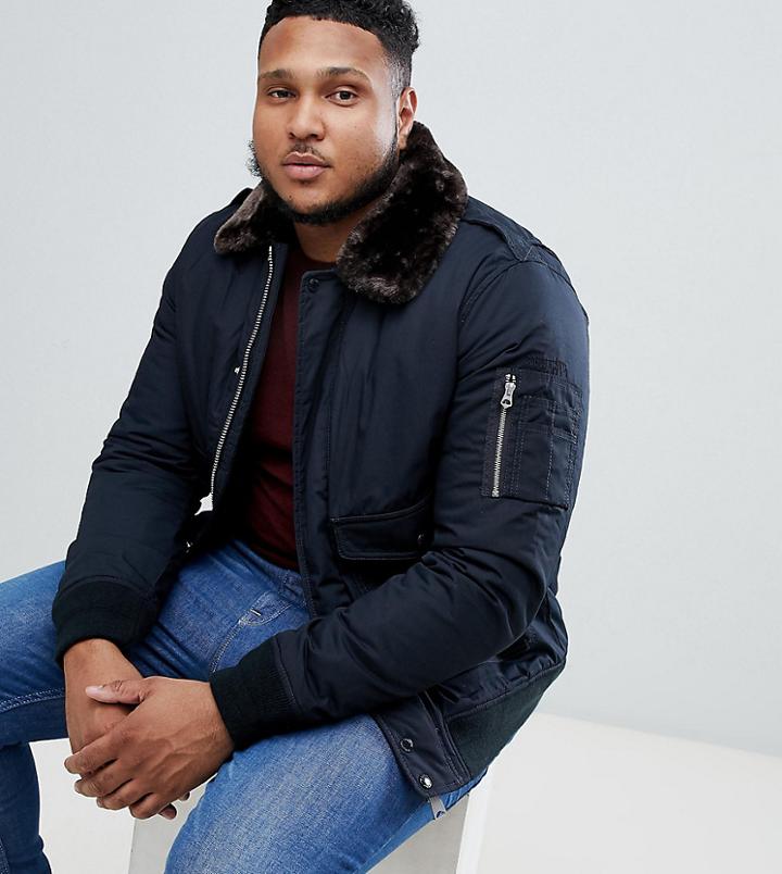 Schott Air Bomber Jacket With Detachable Faux Fur Collar In Navy And Brown - Navy