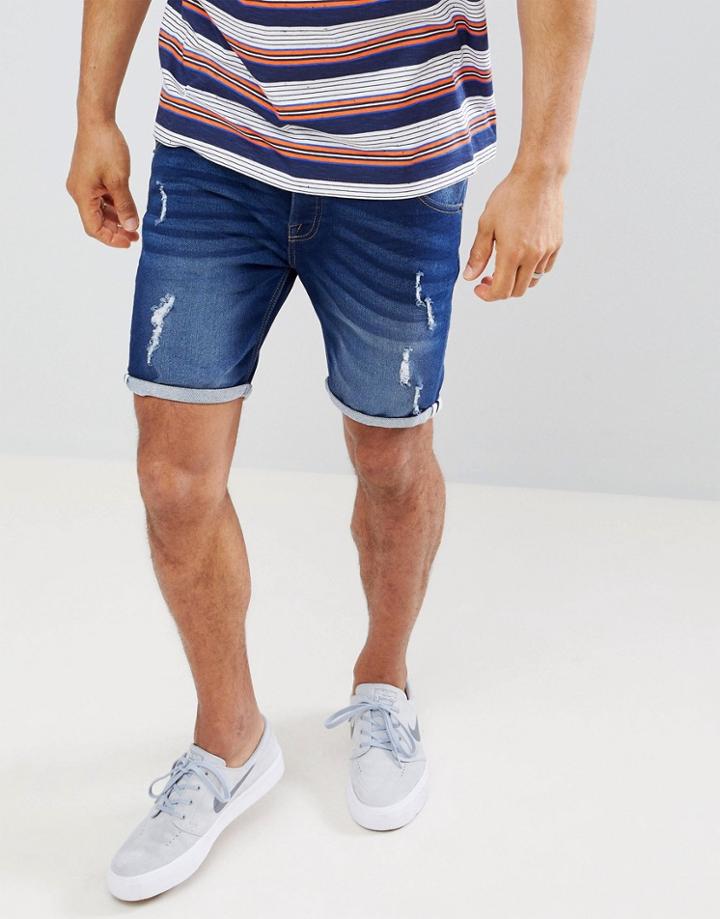 Brave Soul Jersey Ripped Denim Shorts - Blue
