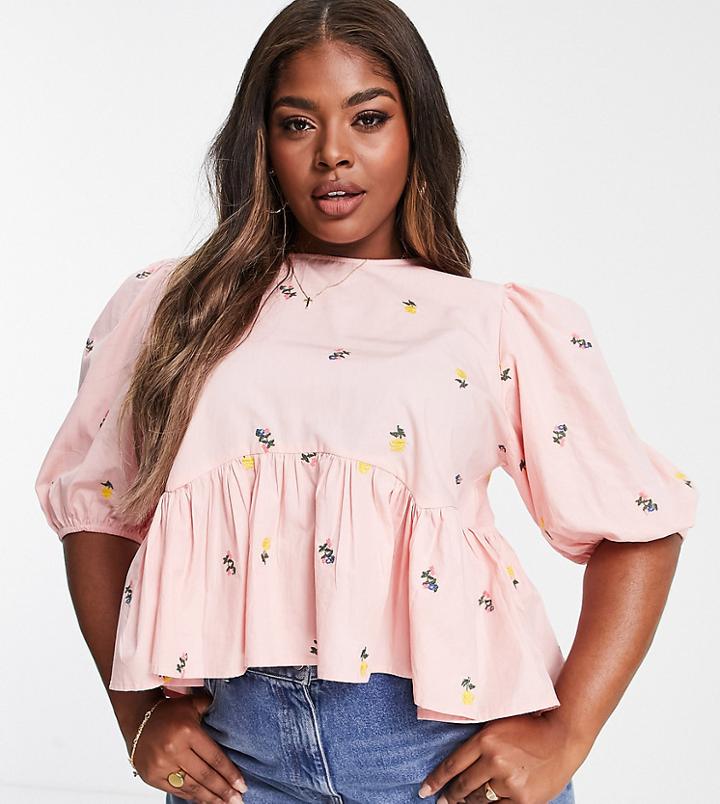 In The Style Plus X Lorna Luxe Puff Sleeve Swing Top In Pink Floral Print