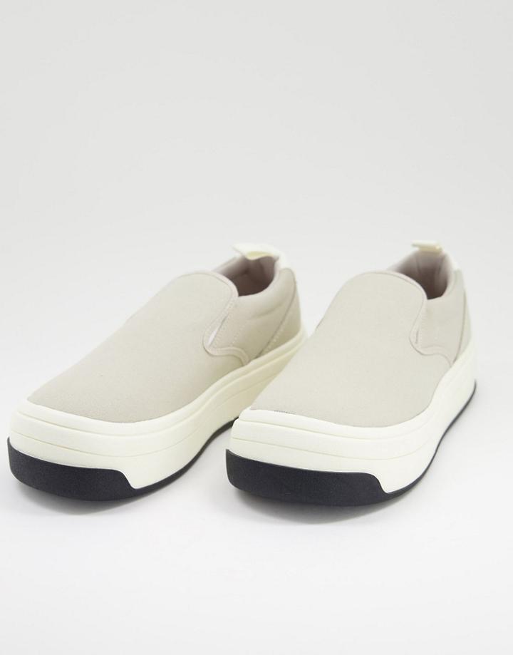 Asos Design Lace Up Sneaker In Stone Faux Pu/suede On Chunky Sole-neutral