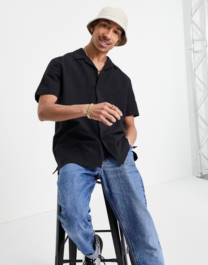 Asos Design Relaxed Fit Seersucker Shirt In Black