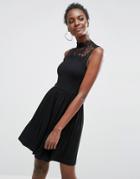 Asos High Neck Skater Dress With Lace Inserts - Black