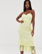 Lipsy Bandeau Lace Midi Dress With Flippy Hem In Lemon-yellow