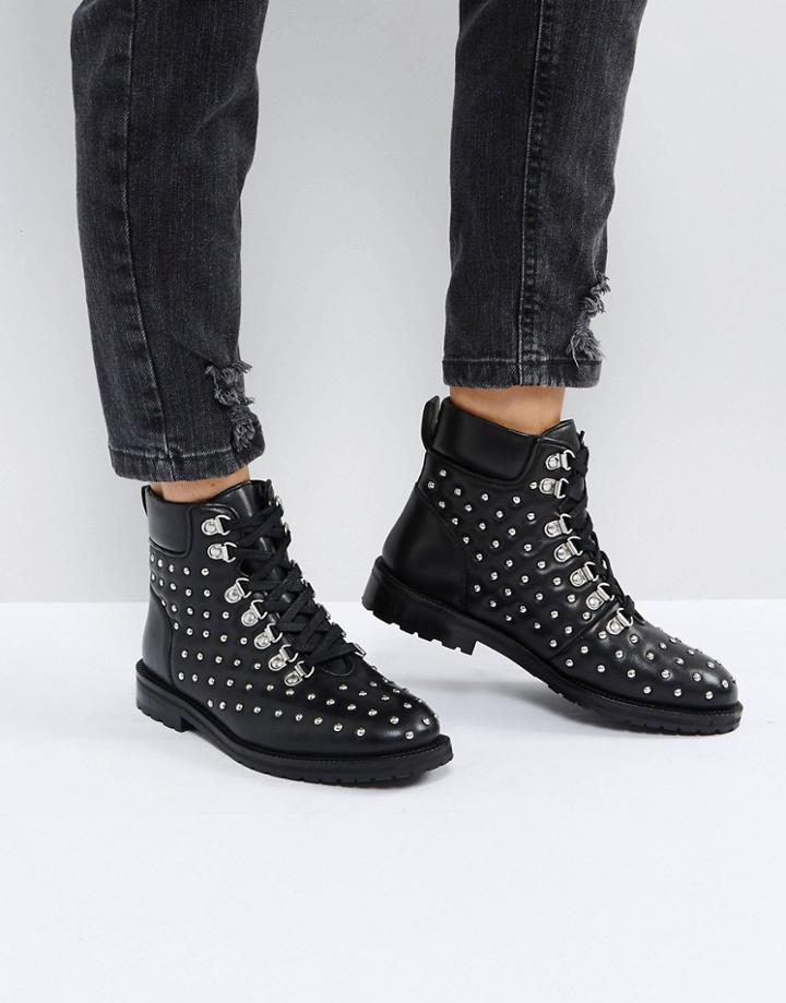 Asos Atty Leather Hardware Flat Boots - Black