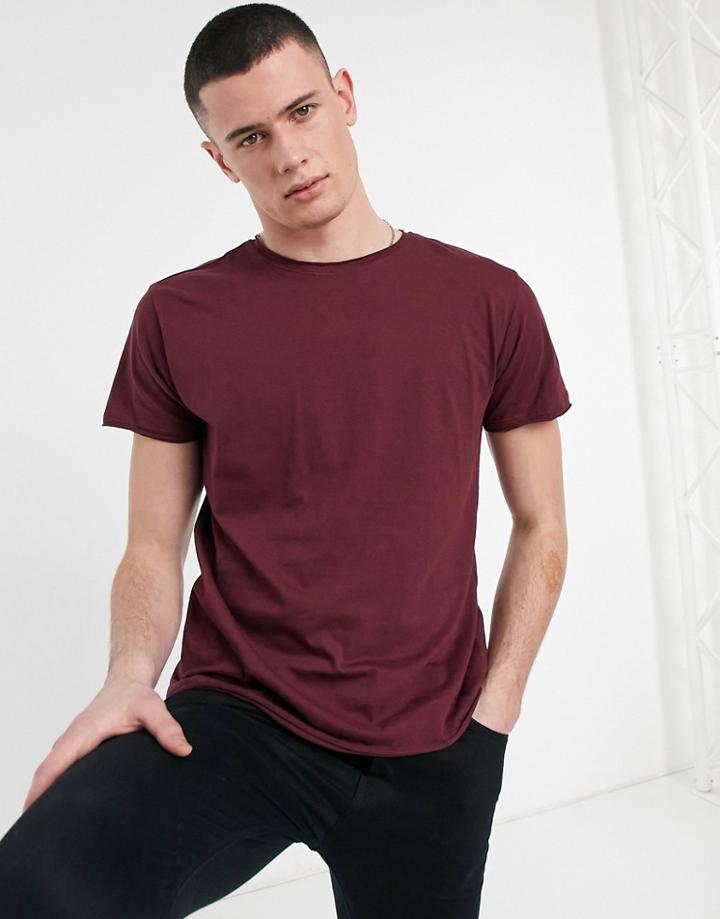 Brave Soul Raw Edge T-shirt In Burgundy-red
