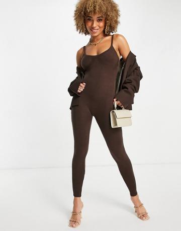Missyempire Knitted Strappy Jumpsuit In Chocolate-brown