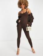 Missyempire Knitted Strappy Jumpsuit In Chocolate-brown