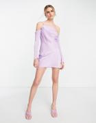 Asos Design Asymmetric Satin Mini Dress With Cold Shoulder In Mauve-purple