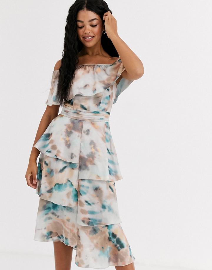 Little Mistress Floaty Off Shoulder Dress In Marble Print-multi