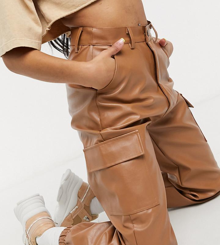 Missguided Petite Faux Leather Cargo Pant In Toffee-brown