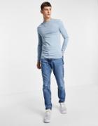 Asos Design Muscle Fit Long Sleeve T-shirt With Crew Neck In Washed Blue-blues