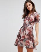 Pussycat London Floral Skater Dress With Balloon Sleeve - Brown