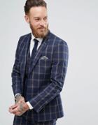 Harry Brown Slim Fit Blue Check Windowpane Suit Jacket - Navy