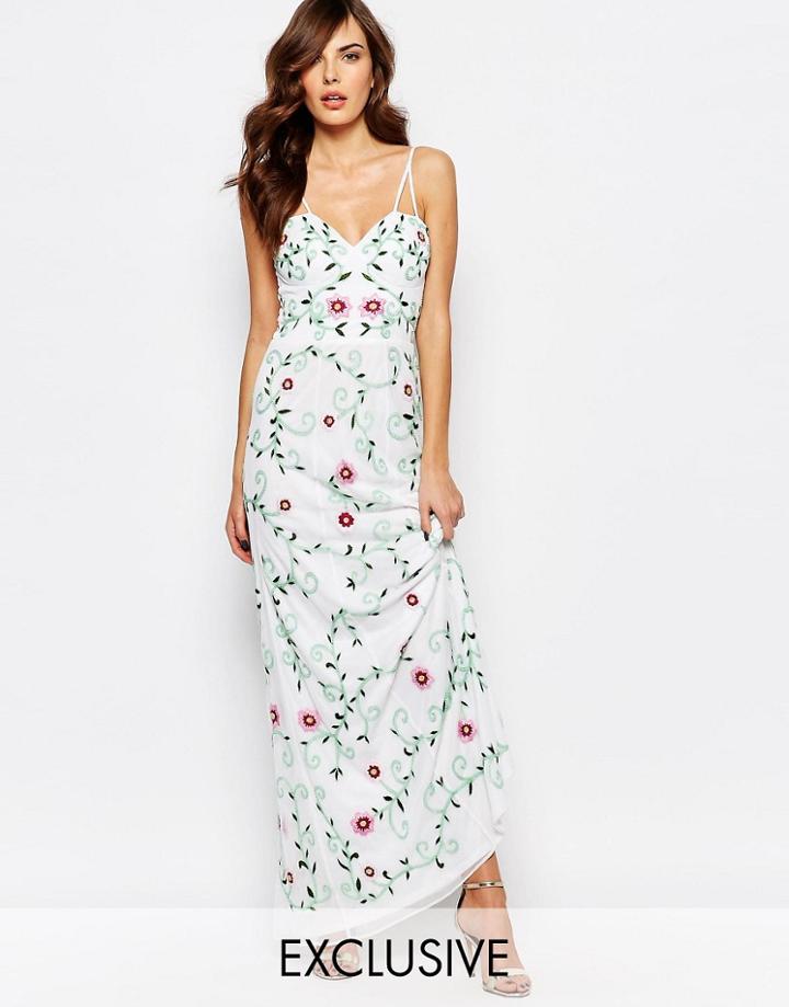 Frock And Frill Embroidered Maxi Dress With Sheer Bodice - White Floral