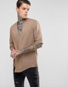 Asos Regular Fit Longline Viscose Shirt With Paisley Print & V Neck - Brown
