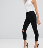 Asos Petite Ridley High Waist Skinny Jeans In Clean Black With Ripped Knees - Black