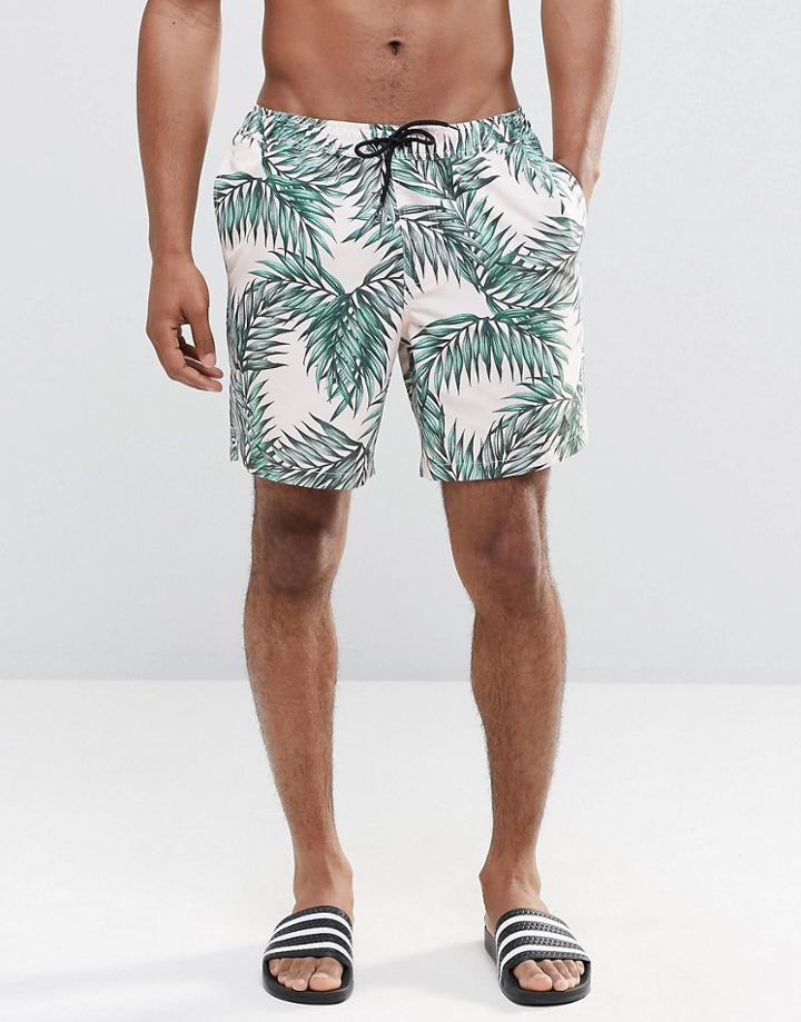 Asos Mid Length Swim Shorts With Floral And Triangle Logo Print - Stone